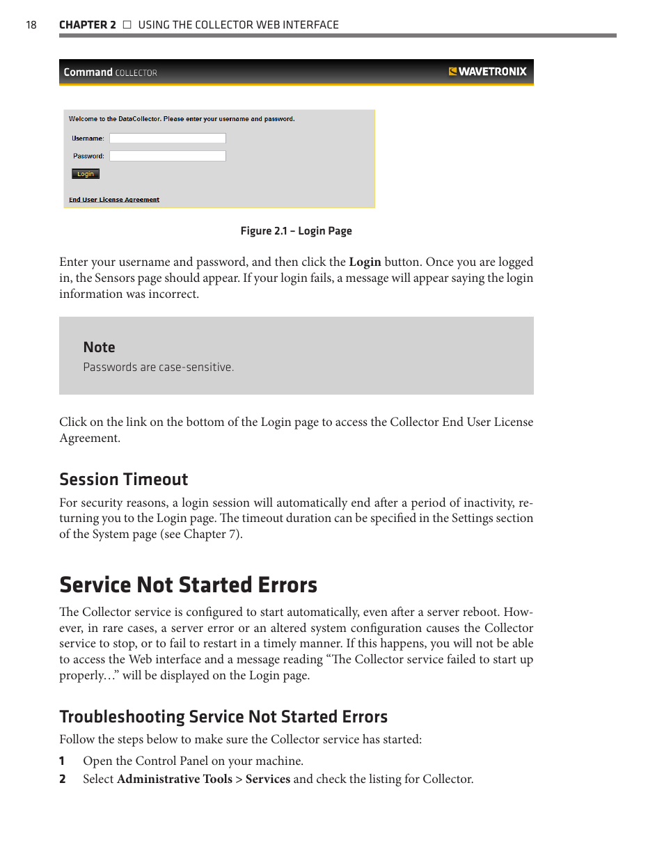 Service not started errors, Session timeout, Troubleshooting service not started errors | Wavetronix Command Collector (CMD-DCx) - User Guide User Manual | Page 19 / 117