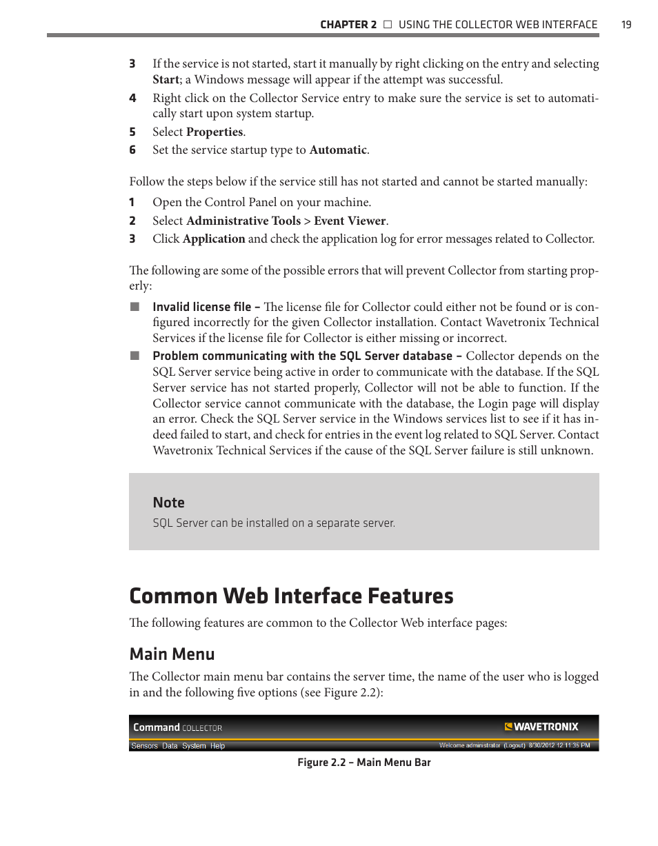 Common web interface features, Main menu | Wavetronix Command Collector (CMD-DCx) - User Guide User Manual | Page 20 / 117