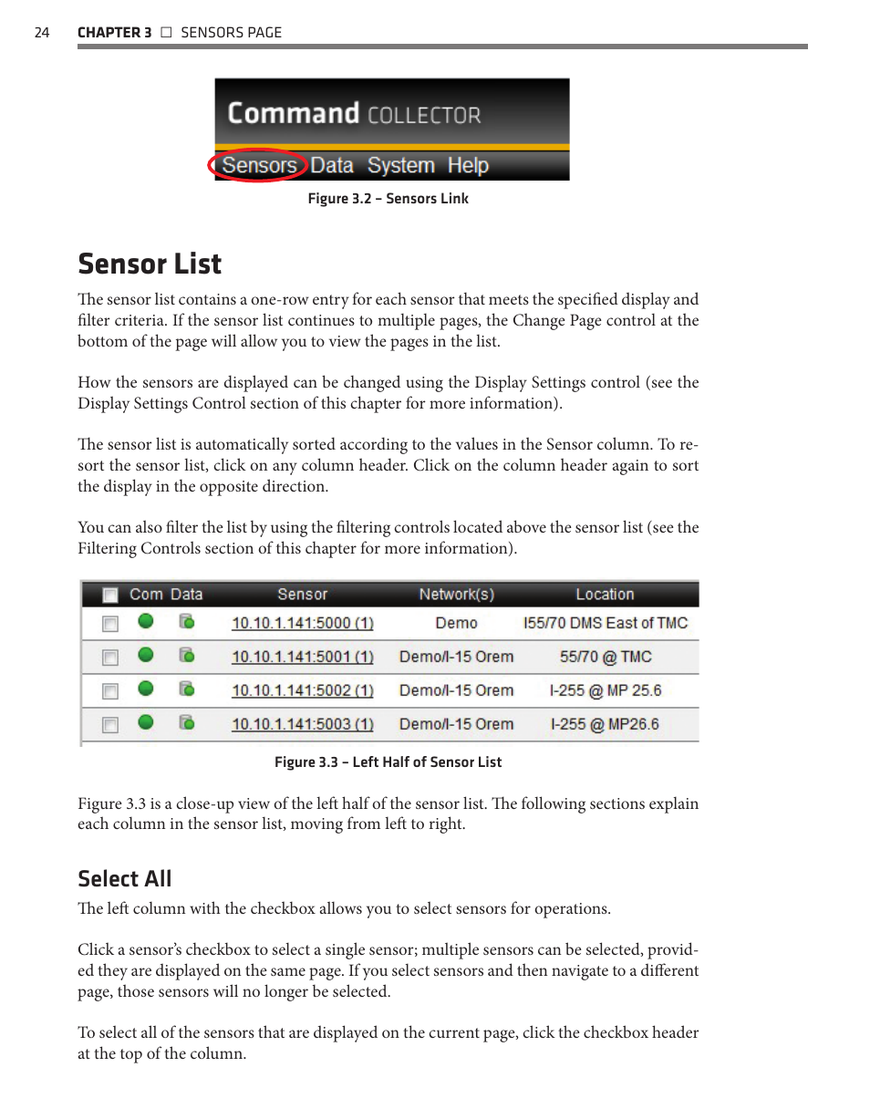 Sensor list, Select all | Wavetronix Command Collector (CMD-DCx) - User Guide User Manual | Page 25 / 117