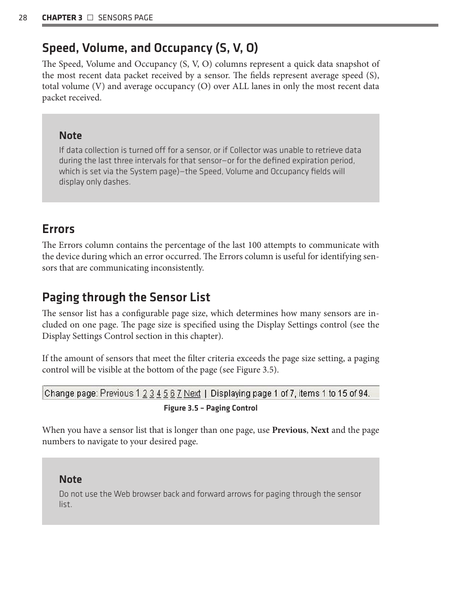 Speed, volume, and occupancy (s, v, o), Errors, Paging through the sensor list | Wavetronix Command Collector (CMD-DCx) - User Guide User Manual | Page 29 / 117