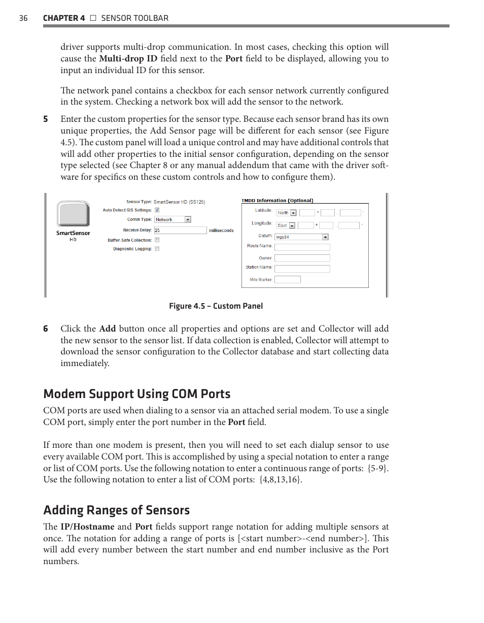 Modem support using com ports, Adding ranges of sensors | Wavetronix Command Collector (CMD-DCx) - User Guide User Manual | Page 37 / 117