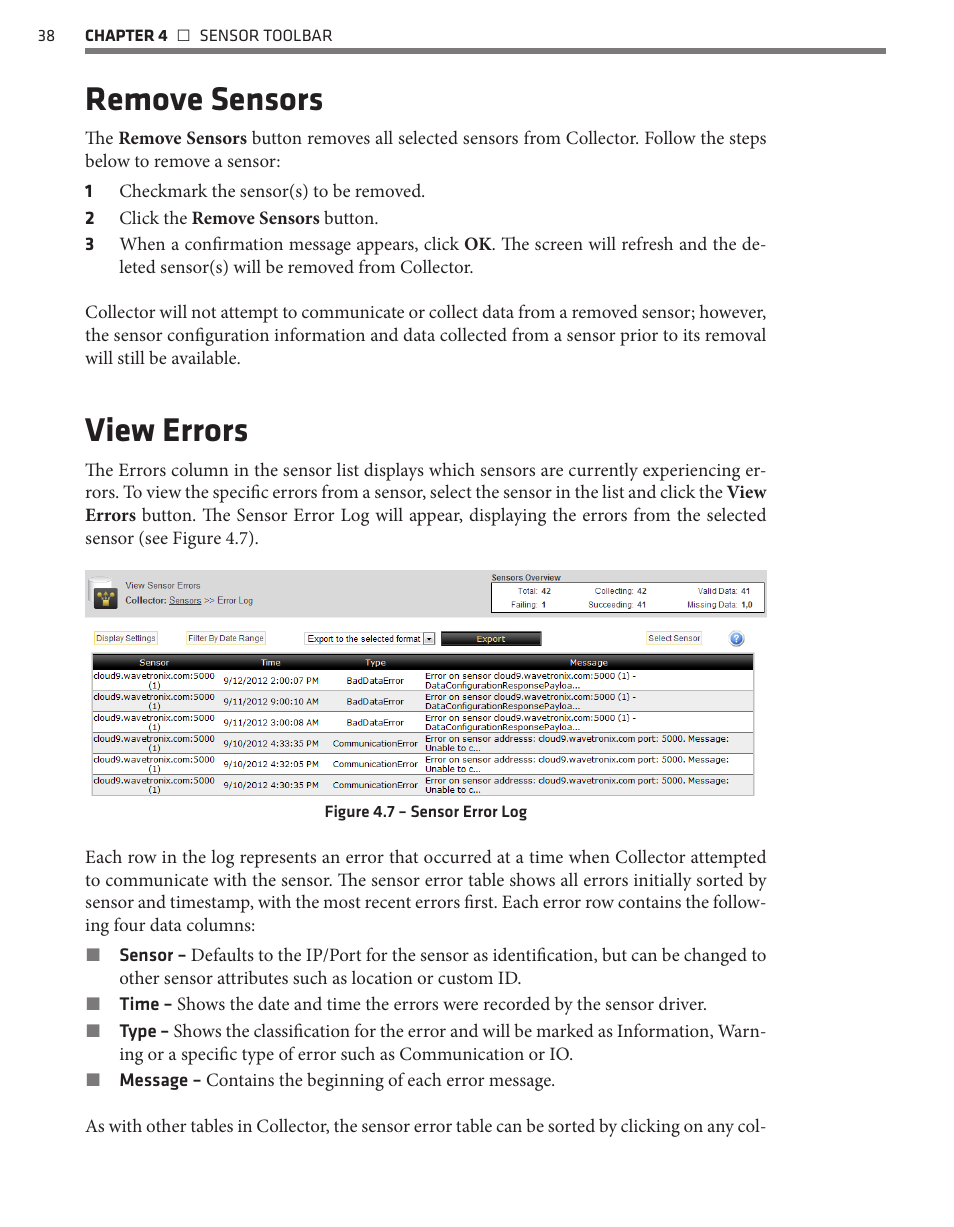 Remove sensors, View errors | Wavetronix Command Collector (CMD-DCx) - User Guide User Manual | Page 39 / 117