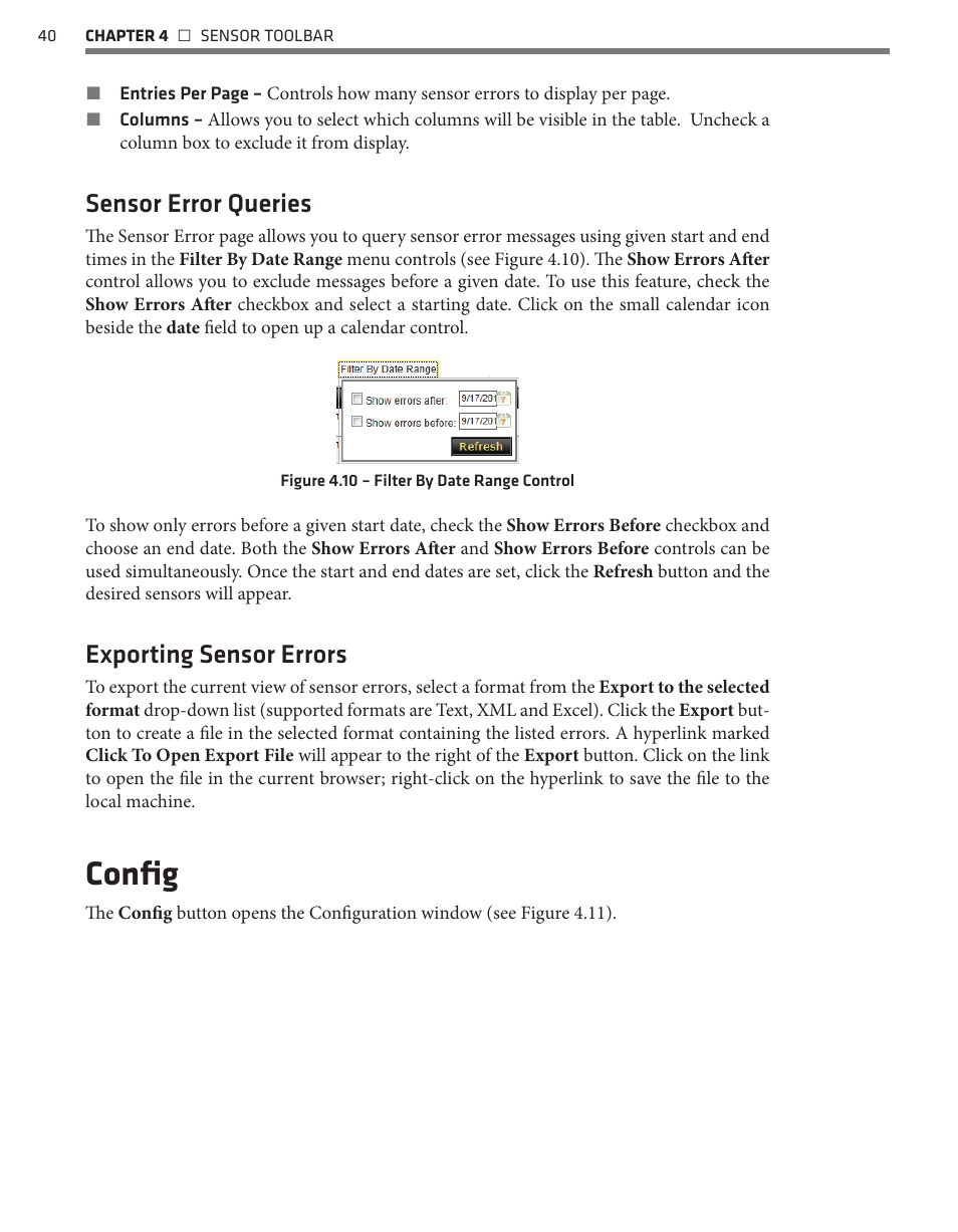 Config, Sensor error queries, Exporting sensor errors | Wavetronix Command Collector (CMD-DCx) - User Guide User Manual | Page 41 / 117