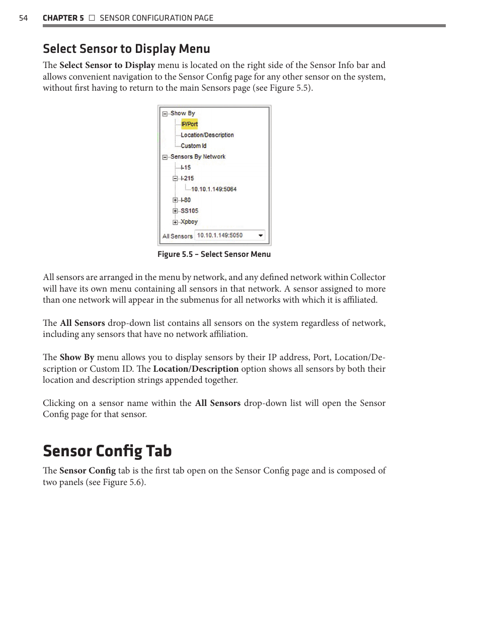 Sensor config tab, Select sensor to display menu | Wavetronix Command Collector (CMD-DCx) - User Guide User Manual | Page 55 / 117