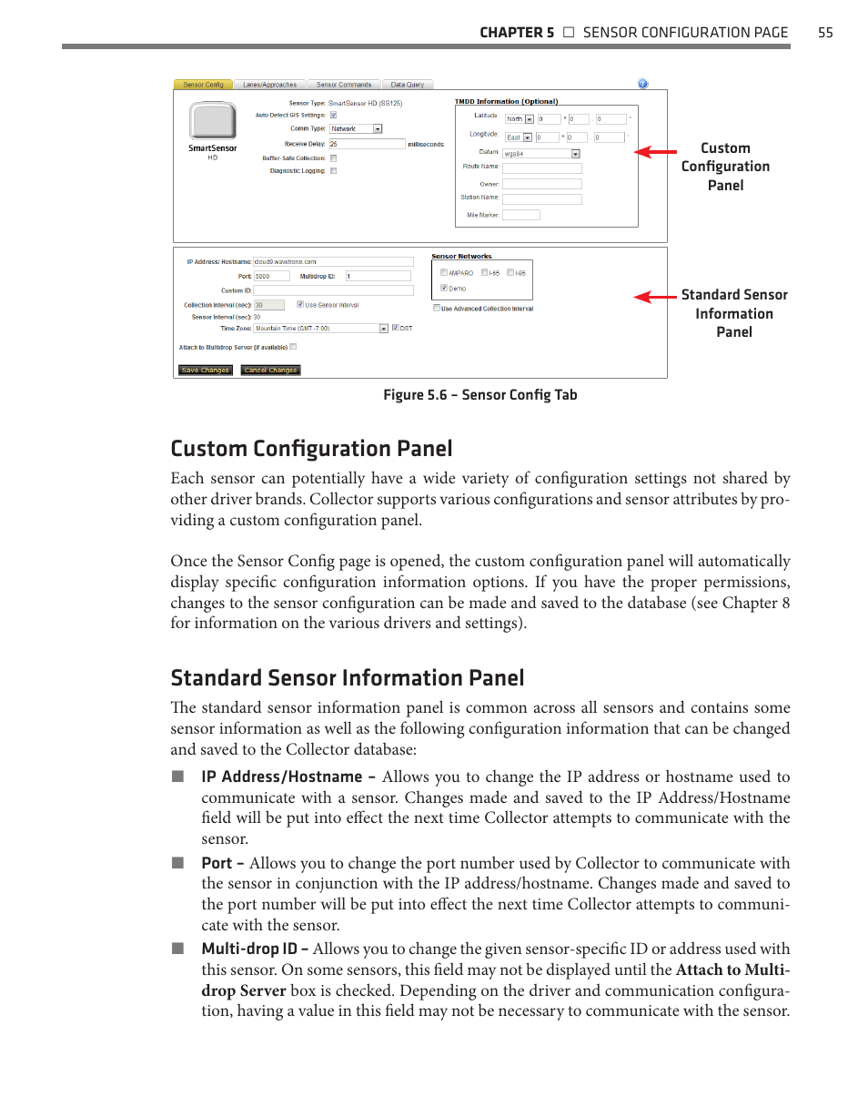 Custom configuration panel, Standard sensor information panel | Wavetronix Command Collector (CMD-DCx) - User Guide User Manual | Page 56 / 117