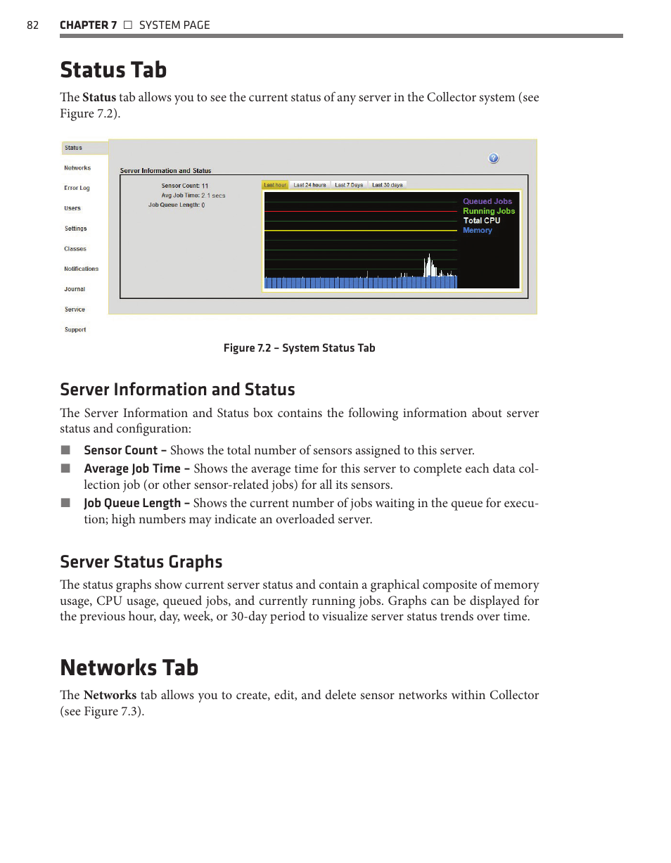 Status tab, Networks tab, Server information and status | Server status graphs | Wavetronix Command Collector (CMD-DCx) - User Guide User Manual | Page 83 / 117