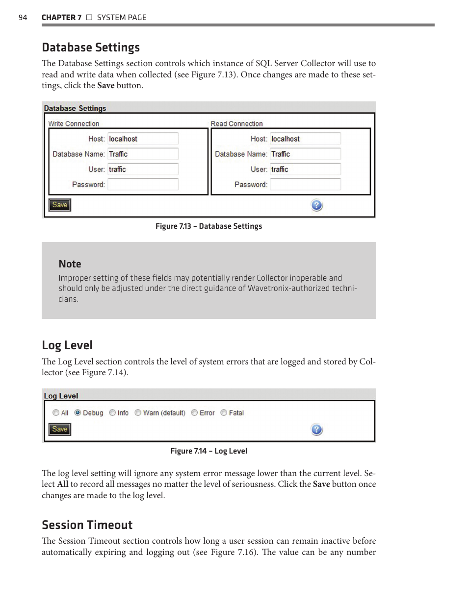 Database settings, Log level, Session timeout | Wavetronix Command Collector (CMD-DCx) - User Guide User Manual | Page 95 / 117