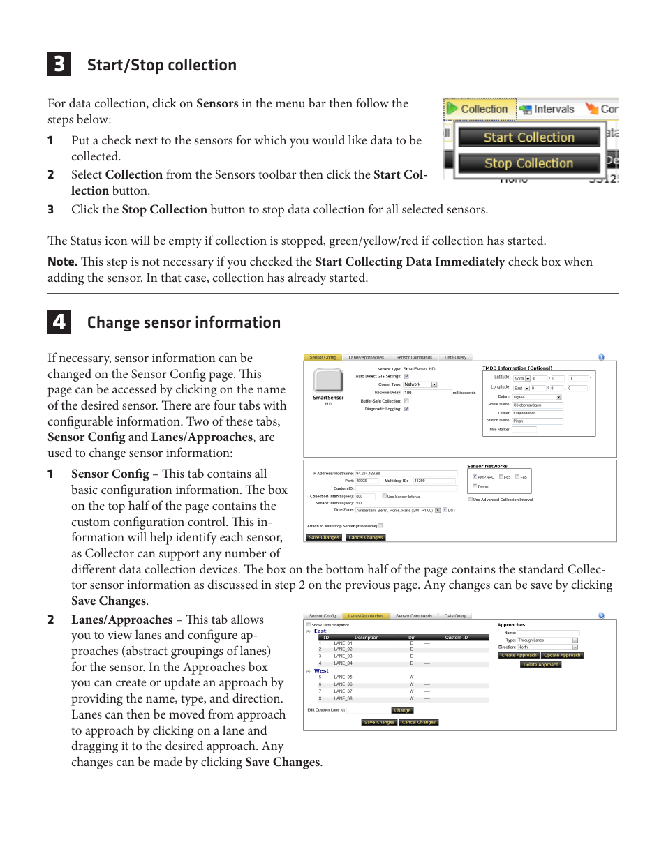 Start/stop collection, Change sensor information | Wavetronix Command Collector (CMD-DCx) - Quick-reference Guide User Manual | Page 2 / 4