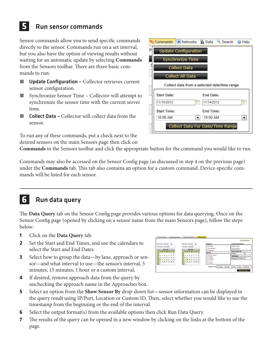 Run sensor commands, Run data query | Wavetronix Command Collector (CMD-DCx) - Quick-reference Guide User Manual | Page 3 / 4