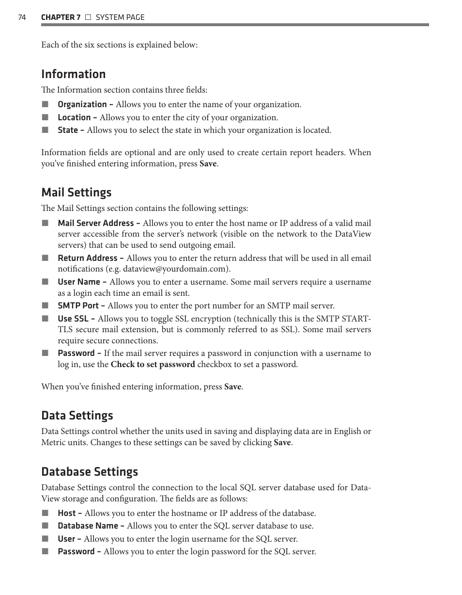 Information, Mail settings, Data settings | Database settings | Wavetronix Command DataView (CMD-DV) - User Guide User Manual | Page 75 / 106
