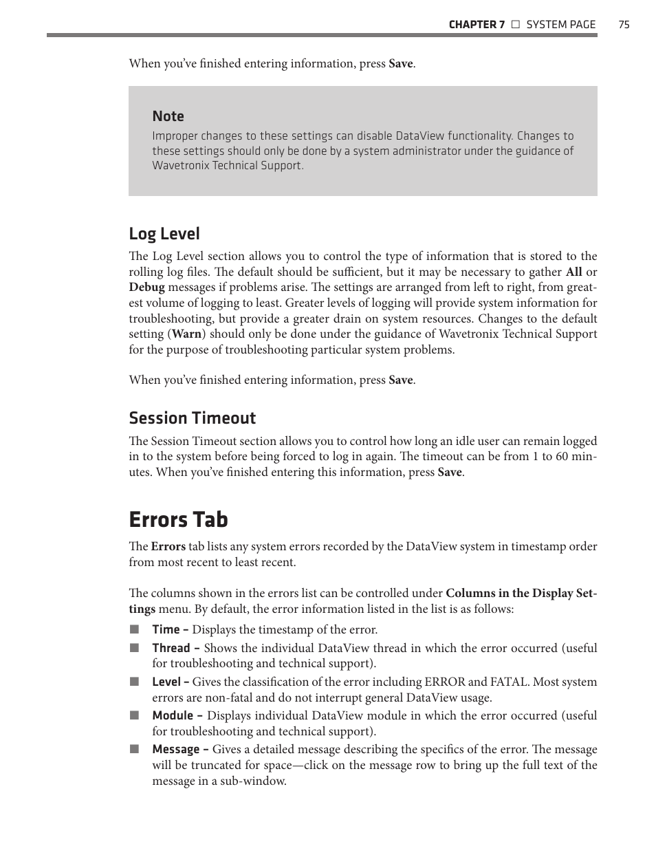 Errors tab, Log level, Session timeout | Wavetronix Command DataView (CMD-DV) - User Guide User Manual | Page 76 / 106