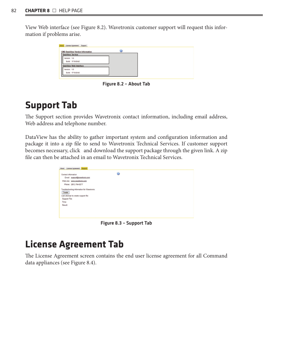 Support tab, License agreement tab | Wavetronix Command DataView (CMD-DV) - User Guide User Manual | Page 83 / 106