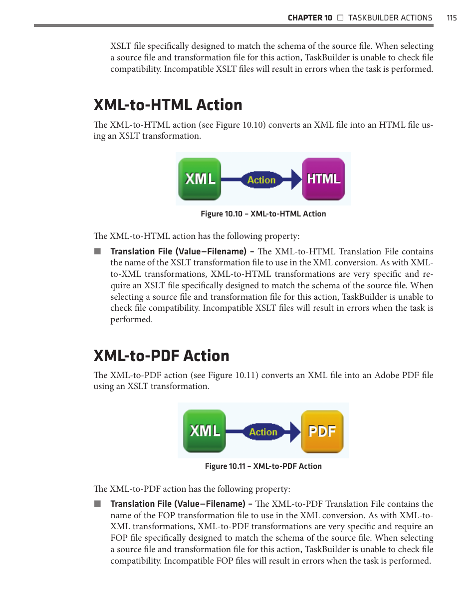 Xml-to-html action, Xml-to-pdf action | Wavetronix Command Translator (CMD-DT) - User Guide User Manual | Page 116 / 156