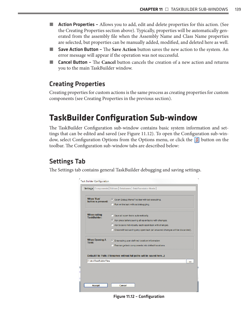 Taskbuilder configuration sub-window, Creating properties, Settings tab | Wavetronix Command Translator (CMD-DT) - User Guide User Manual | Page 140 / 156