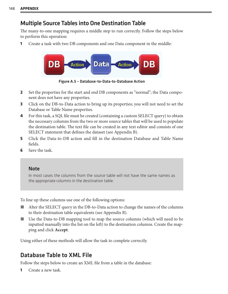 Multiple source tables into one destination table, Database table to xml file | Wavetronix Command Translator (CMD-DT) - User Guide User Manual | Page 149 / 156