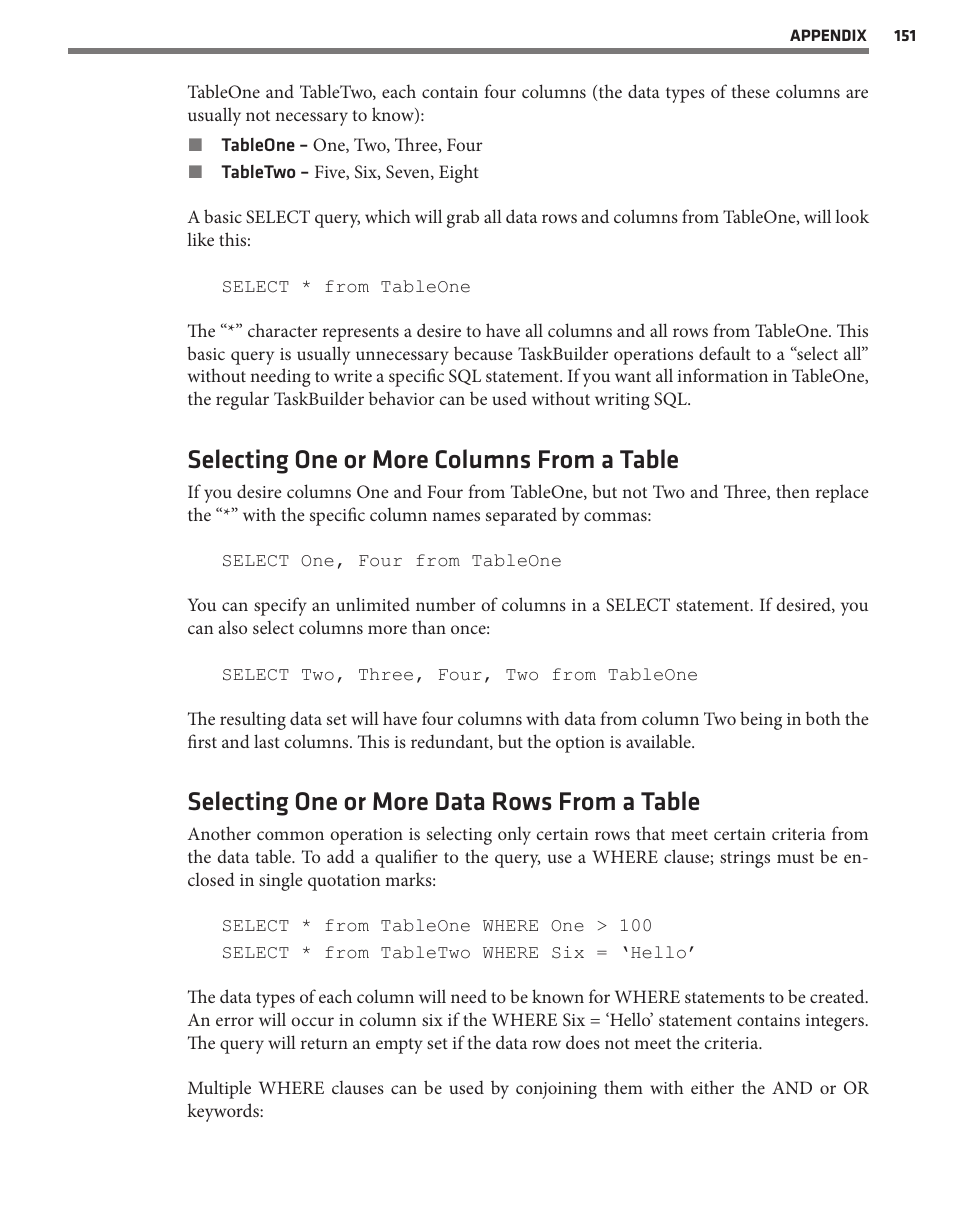 Selecting one or more columns from a table, Selecting one or more data rows from a table | Wavetronix Command Translator (CMD-DT) - User Guide User Manual | Page 152 / 156