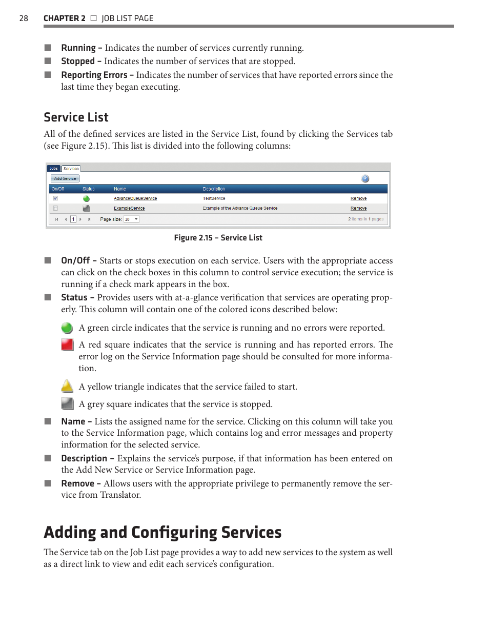 Adding and configuring services, Service list | Wavetronix Command Translator (CMD-DT) - User Guide User Manual | Page 29 / 156