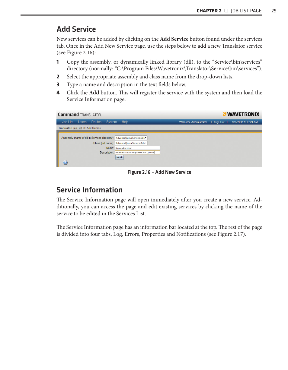 Add service, Service information | Wavetronix Command Translator (CMD-DT) - User Guide User Manual | Page 30 / 156