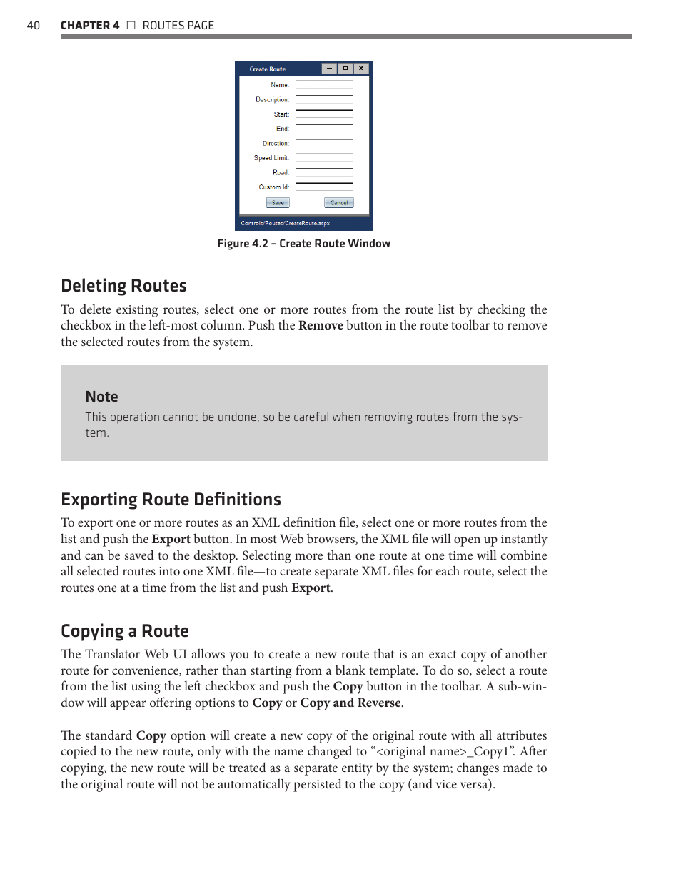 Deleting routes, Exporting route definitions, Copying a route | Wavetronix Command Translator (CMD-DT) - User Guide User Manual | Page 41 / 156