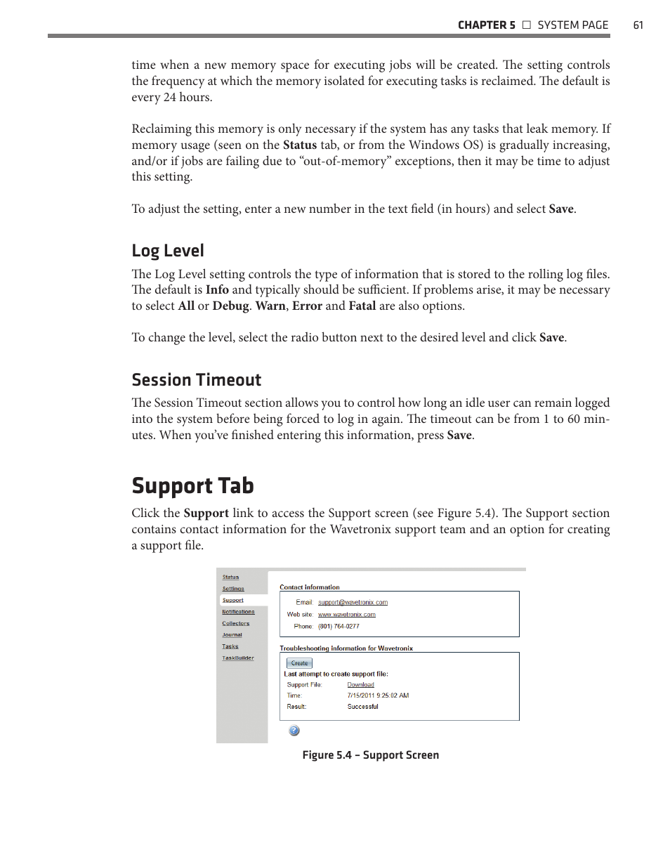 Support tab, Log level, Session timeout | Wavetronix Command Translator (CMD-DT) - User Guide User Manual | Page 62 / 156