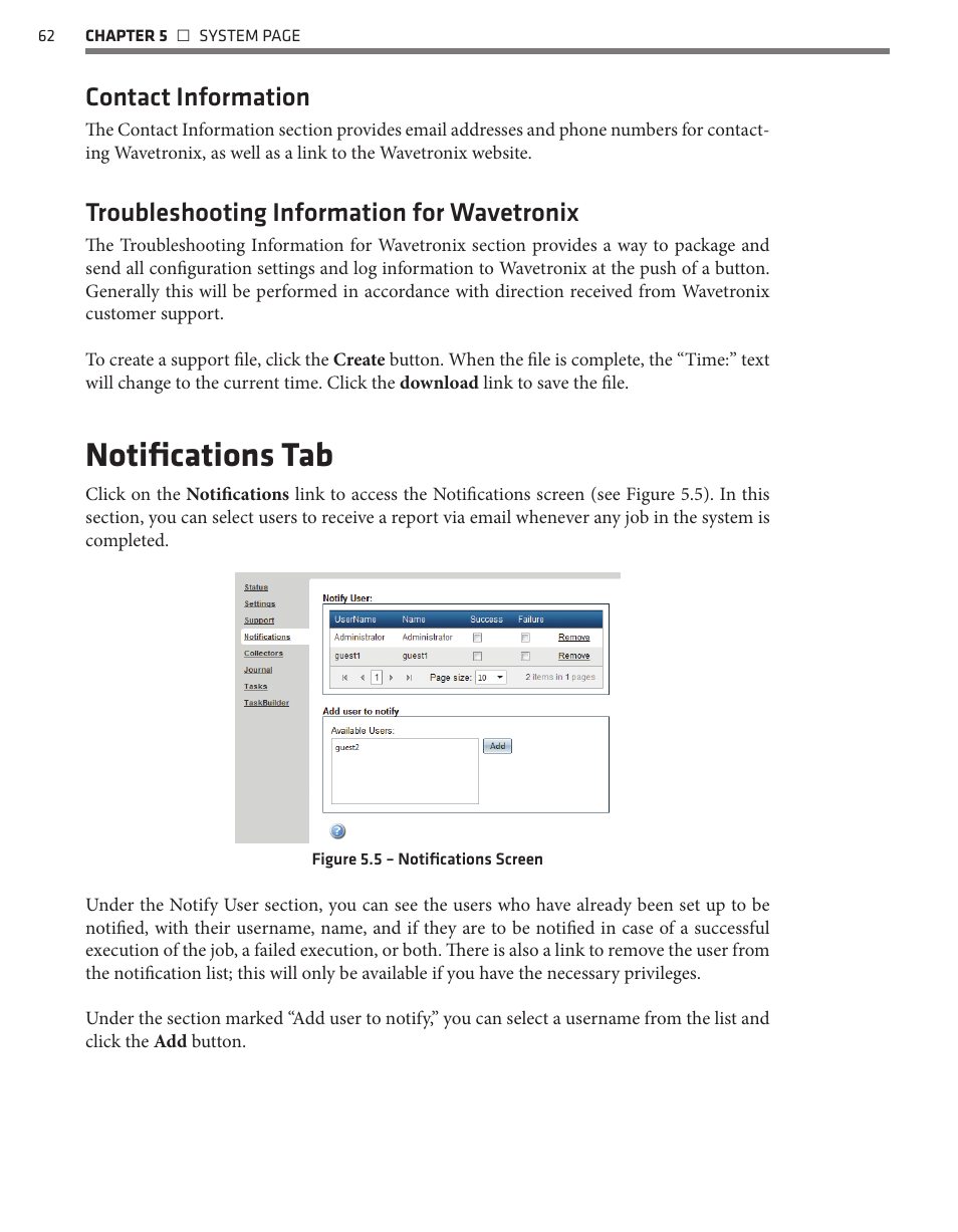Notifications tab, Contact information, Troubleshooting information for wavetronix | Wavetronix Command Translator (CMD-DT) - User Guide User Manual | Page 63 / 156