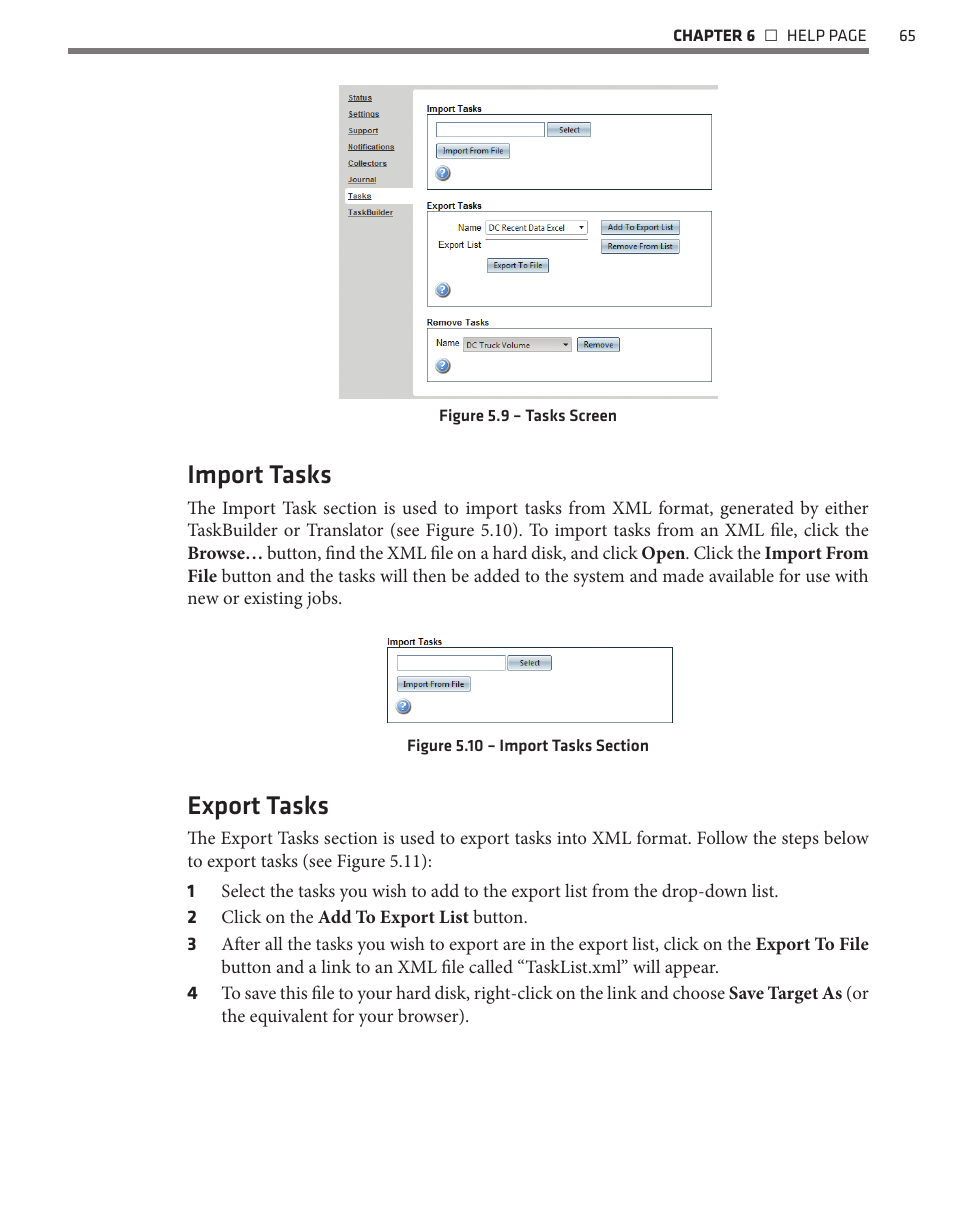 Import tasks, Export tasks | Wavetronix Command Translator (CMD-DT) - User Guide User Manual | Page 66 / 156