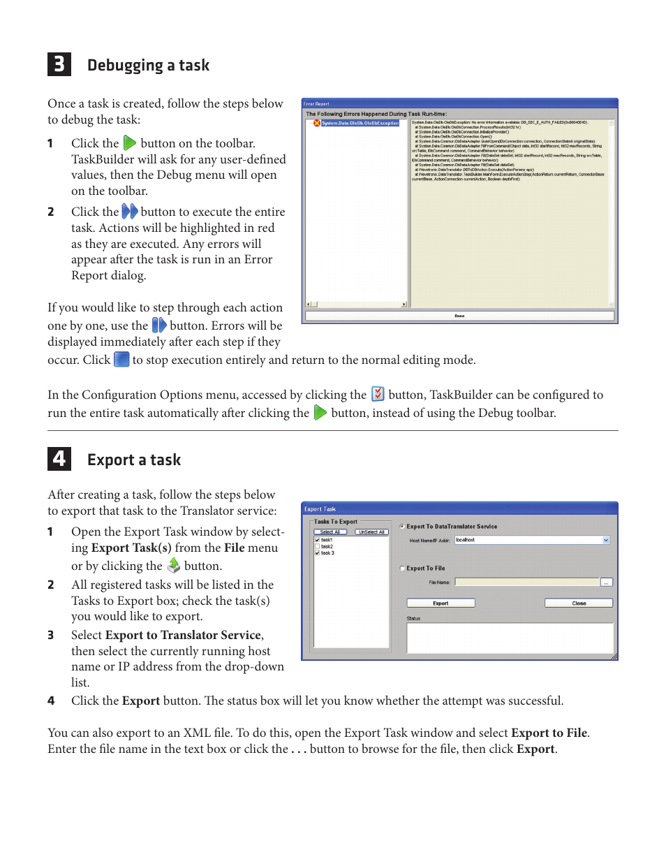 Debugging a task, Export a task | Wavetronix Command Translator (CMD-DT) - Quick-reference Guide User Manual | Page 2 / 4