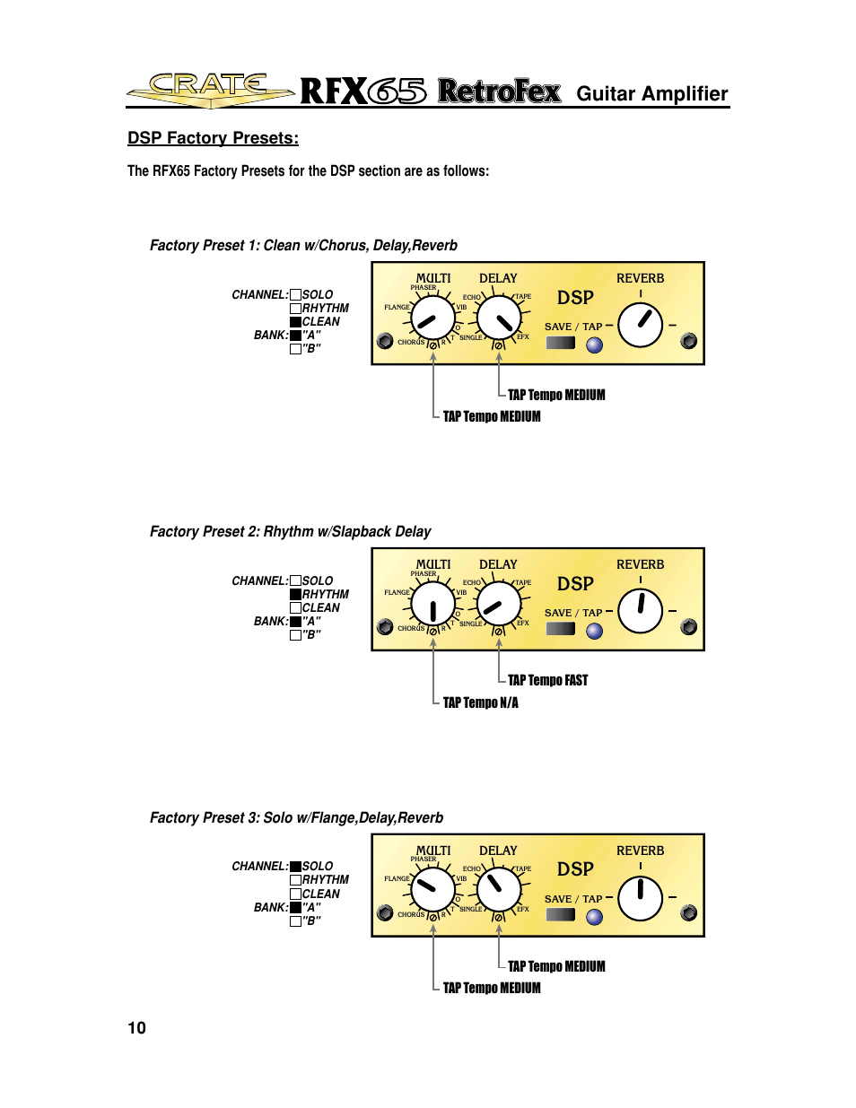 Guitar amplifier, 10 dsp factory presets, Factory preset 1: clean w/chorus, delay,reverb | Tap tempo medium, Reverb, Multi, Delay | Crate Amplifiers UL6500 User Manual | Page 10 / 16