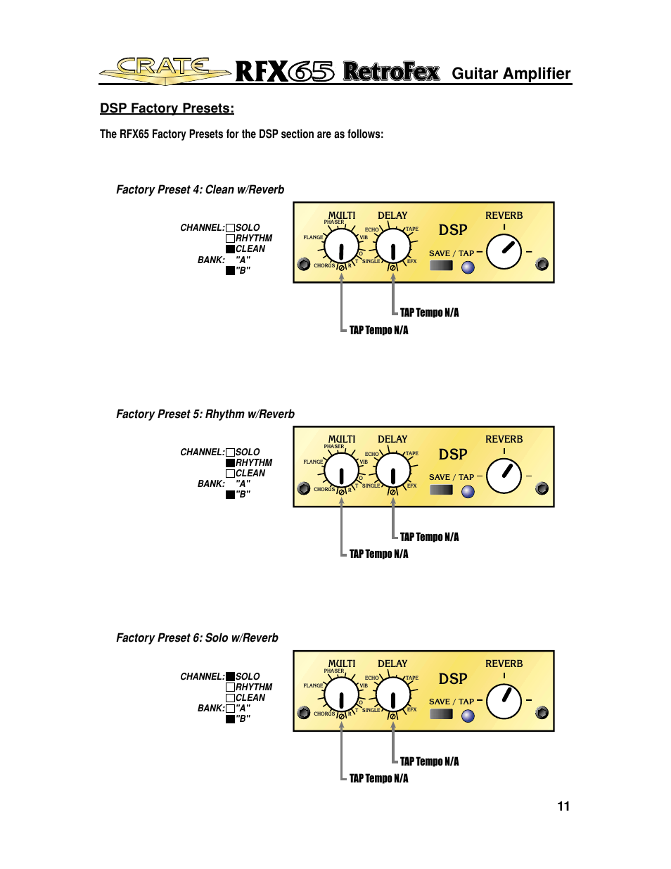 Guitar amplifier, 11 dsp factory presets, Factory preset 4: clean w/reverb | Tap tempo n/a, Reverb, Multi, Delay | Crate Amplifiers UL6500 User Manual | Page 11 / 16