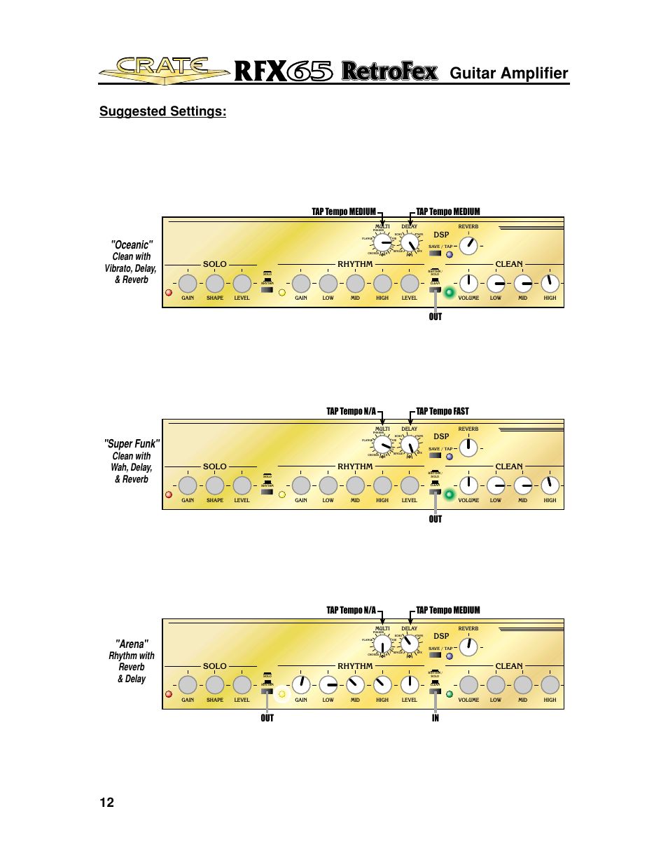 Guitar amplifier, 12 suggested settings, Oceanic | Super funk, Arena, Clean with vibrato, delay, & reverb, Clean with wah, delay, & reverb, Rhythm with reverb & delay, Solo rhythm clean | Crate Amplifiers UL6500 User Manual | Page 12 / 16