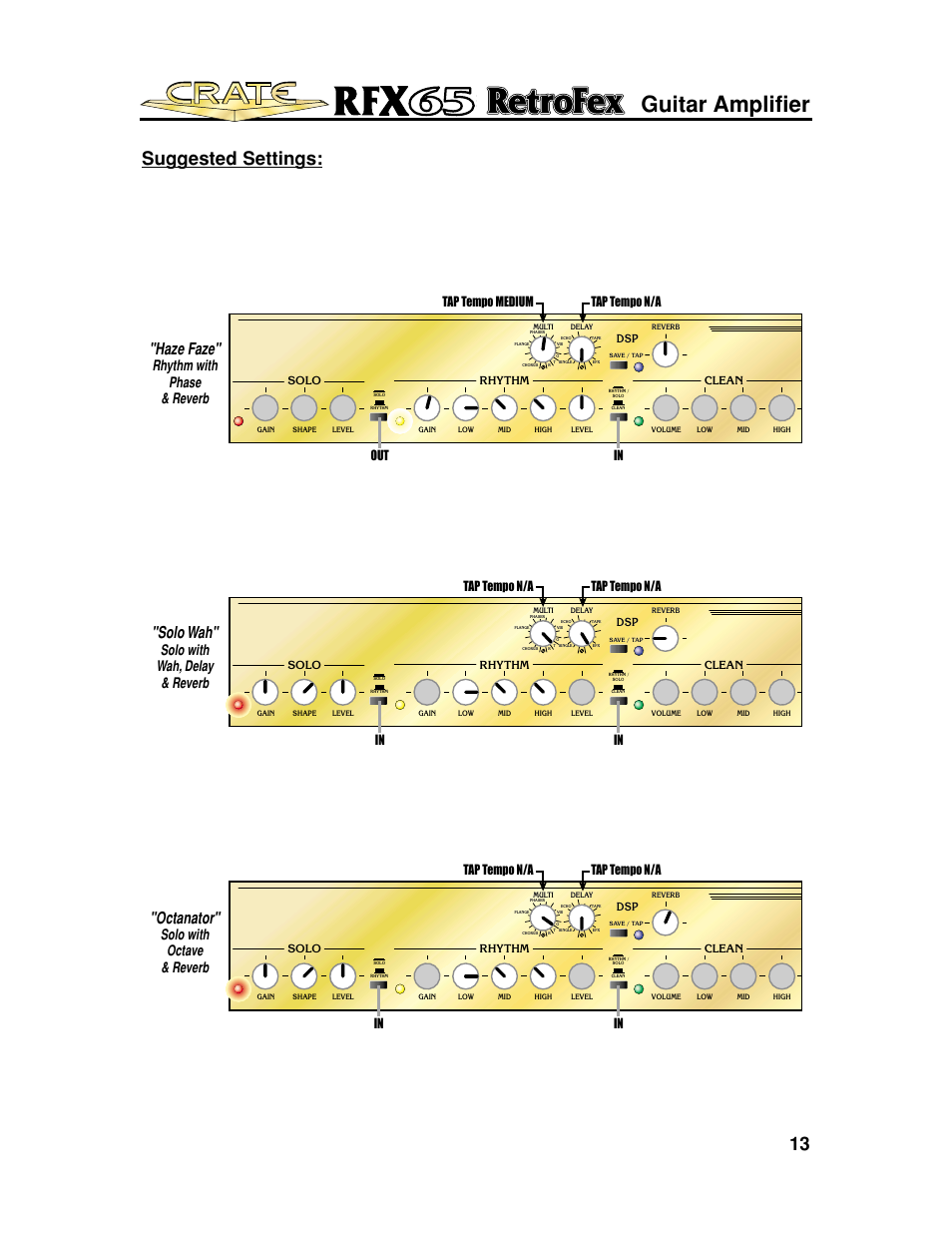 Guitar amplifier, Suggested settings, Haze faze | Solo wah, Octanator, Rhythm with phase & reverb, Solo with wah, delay & reverb, Solo with octave & reverb, Solo rhythm clean | Crate Amplifiers UL6500 User Manual | Page 13 / 16
