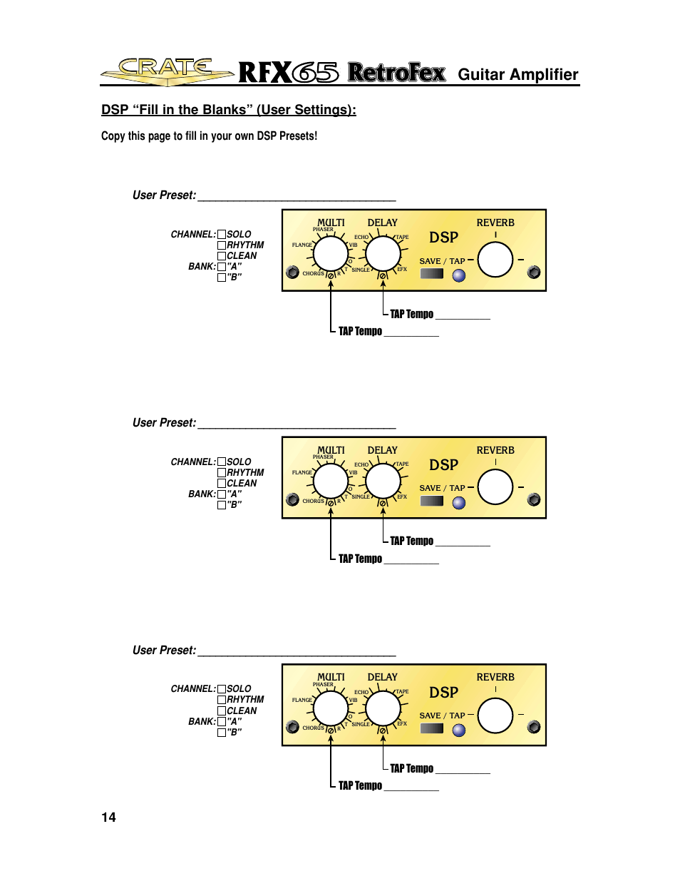 Guitar amplifier, 14 dsp “fill in the blanks” (user settings), User preset | Copy this page to fill in your own dsp presets, Tap tempo, Reverb, Multi, Delay | Crate Amplifiers UL6500 User Manual | Page 14 / 16