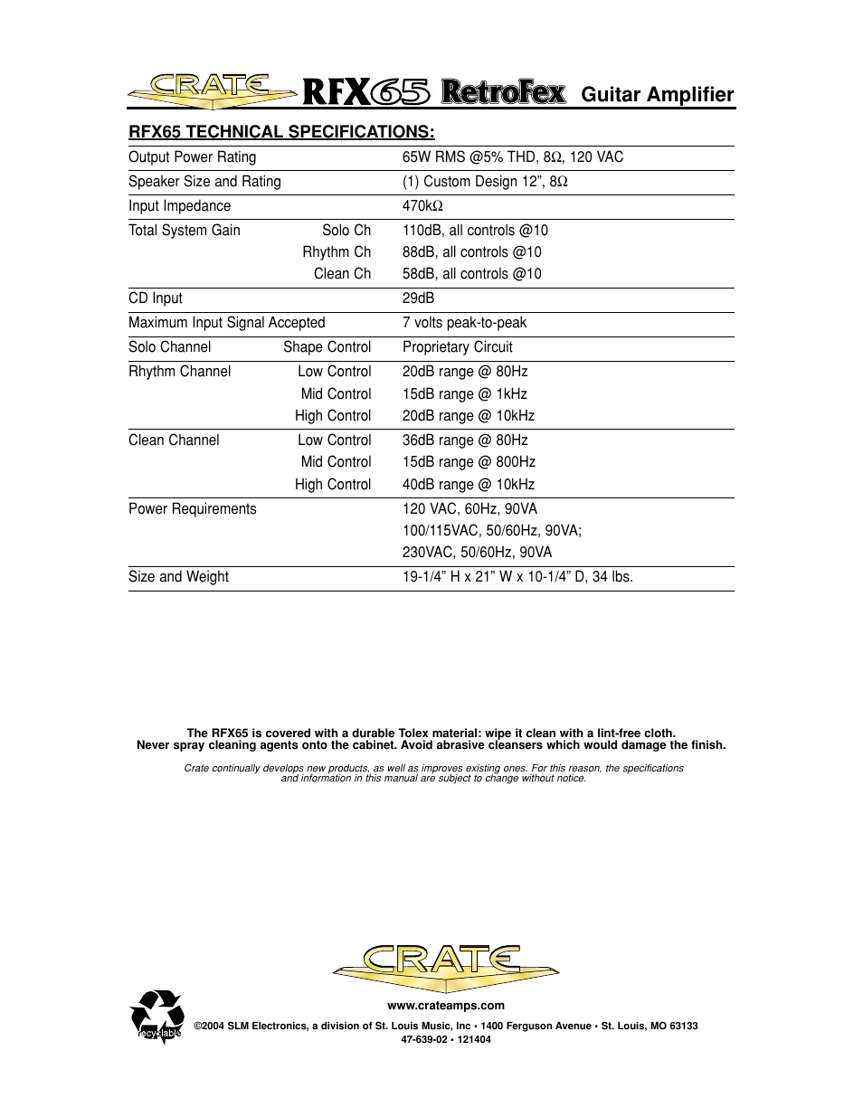 Guitar amplifier | Crate Amplifiers UL6500 User Manual | Page 16 / 16