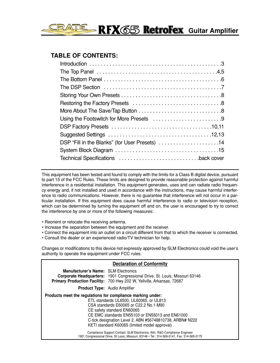 Crate Amplifiers UL6500 User Manual | Page 2 / 16