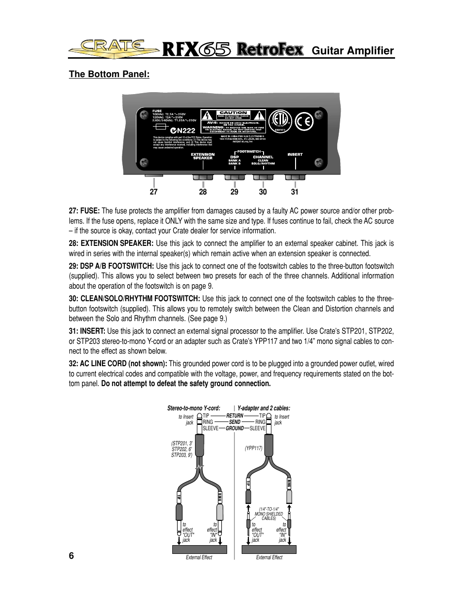 Guitar amplifier, The bottom panel | Crate Amplifiers UL6500 User Manual | Page 6 / 16