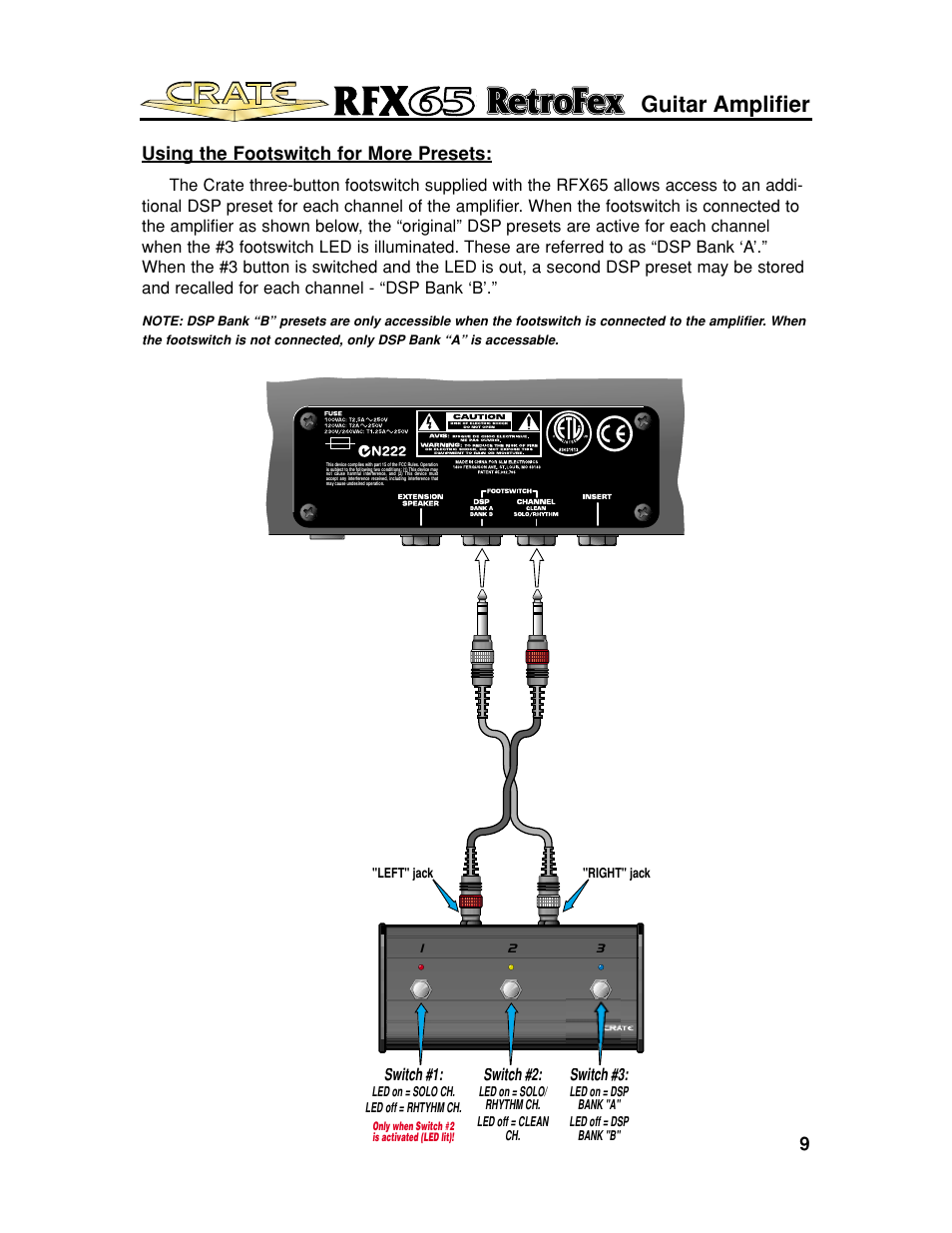 Guitar amplifier, 9using the footswitch for more presets | Crate Amplifiers UL6500 User Manual | Page 9 / 16