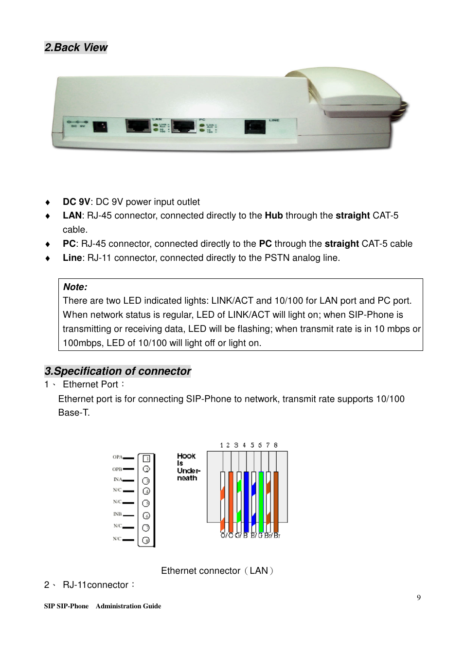 Back view, Specification of connector | Welltech LP-201 Mar-11-2005 User Manual | Page 10 / 65