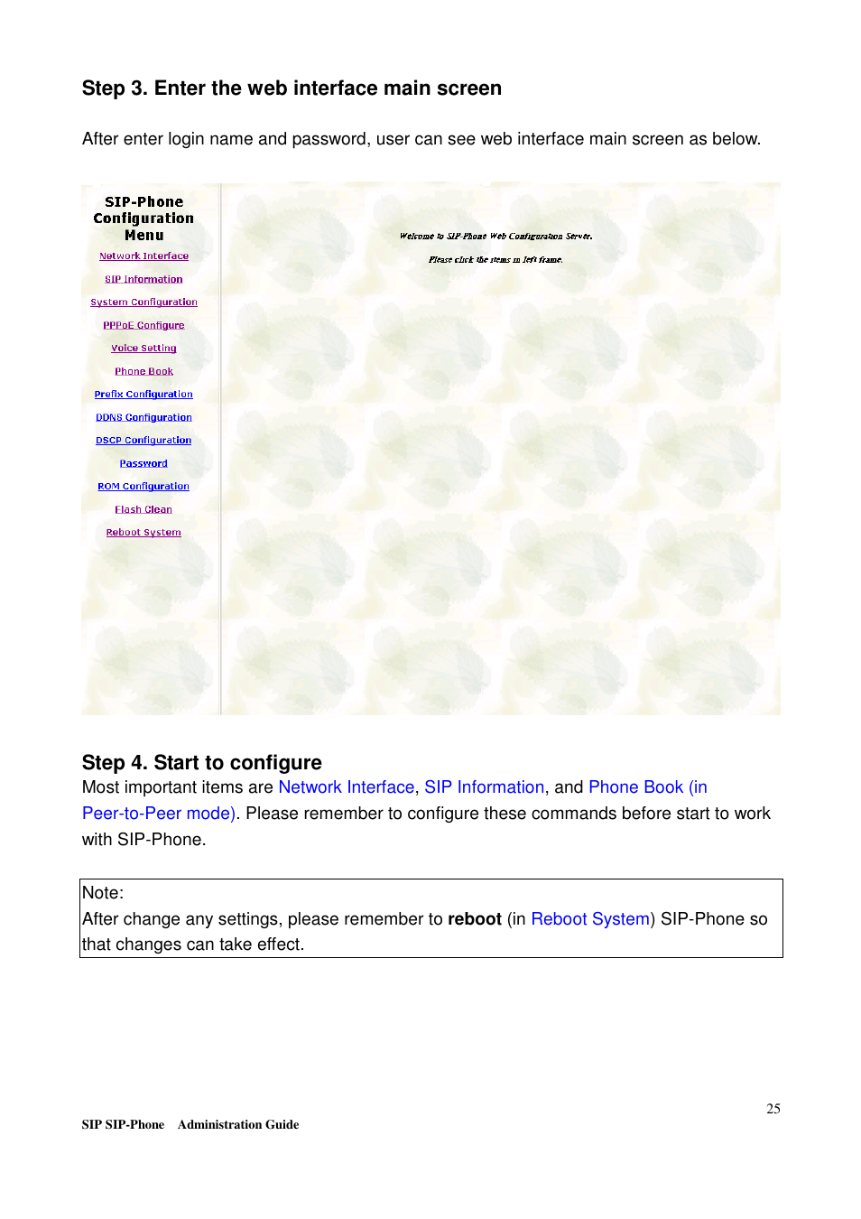 Step 3. enter the web interface main screen, Step 4. start to configure | Welltech LP-201 Mar-11-2005 User Manual | Page 26 / 65