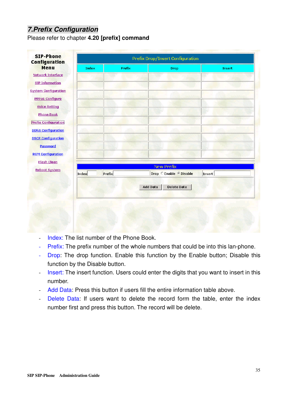 Prefix configuration | Welltech LP-201 Mar-11-2005 User Manual | Page 36 / 65