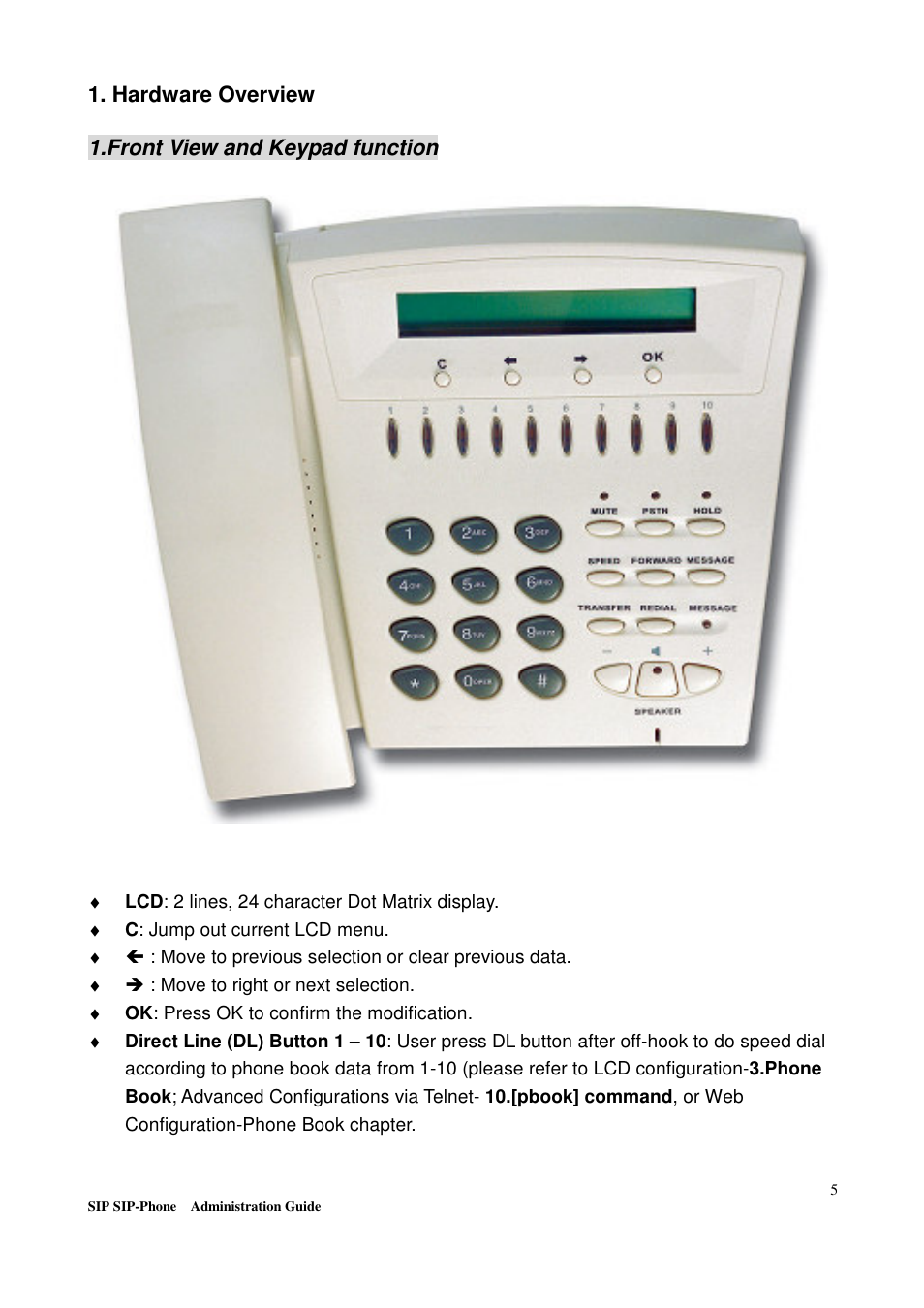 Hardware overview, Front view and keypad function | Welltech LP-201 Mar-11-2005 User Manual | Page 6 / 65