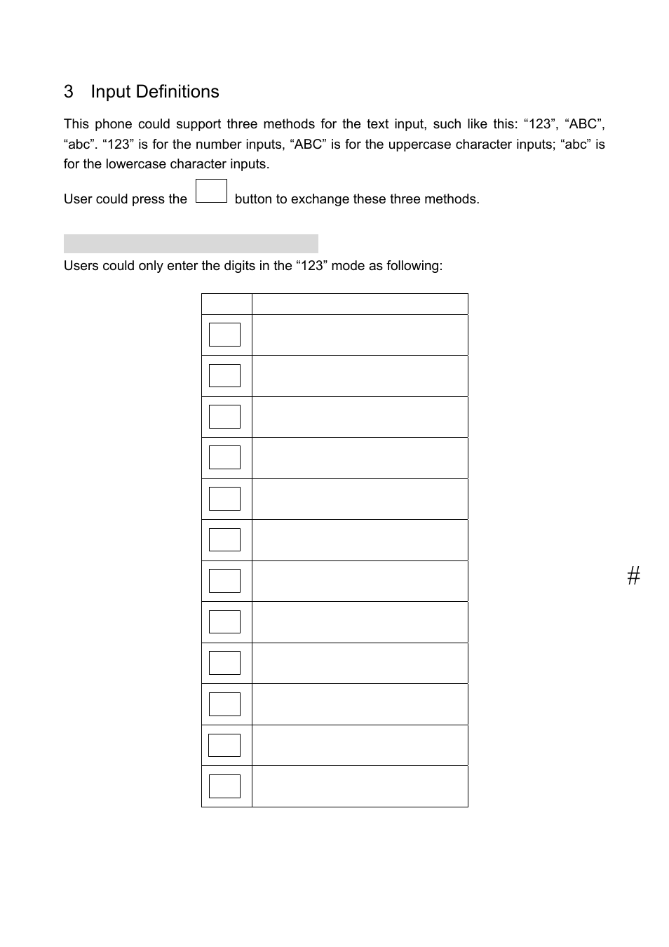 3 input definitions, 1 keys with “123” number mode, Input definitions | Welltech LP-388 Oct-12-2007 User Manual | Page 14 / 100