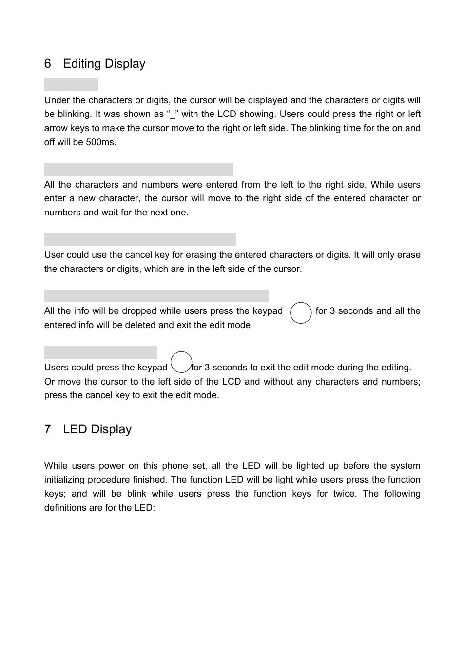 6 editing display, 1 cursor, 2 insert the characters or numbers | 3 delete the characters or numbers, 4 rapid delete the characters or numbers, 5 exit the edit mode, 7 led display, Editing display, Led display | Welltech LP-388 Oct-12-2007 User Manual | Page 22 / 100