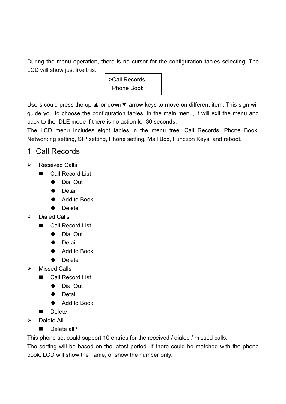 Chapter 4 lcd menu operation, 1 call records, Call records | Welltech LP-388 Oct-12-2007 User Manual | Page 29 / 100