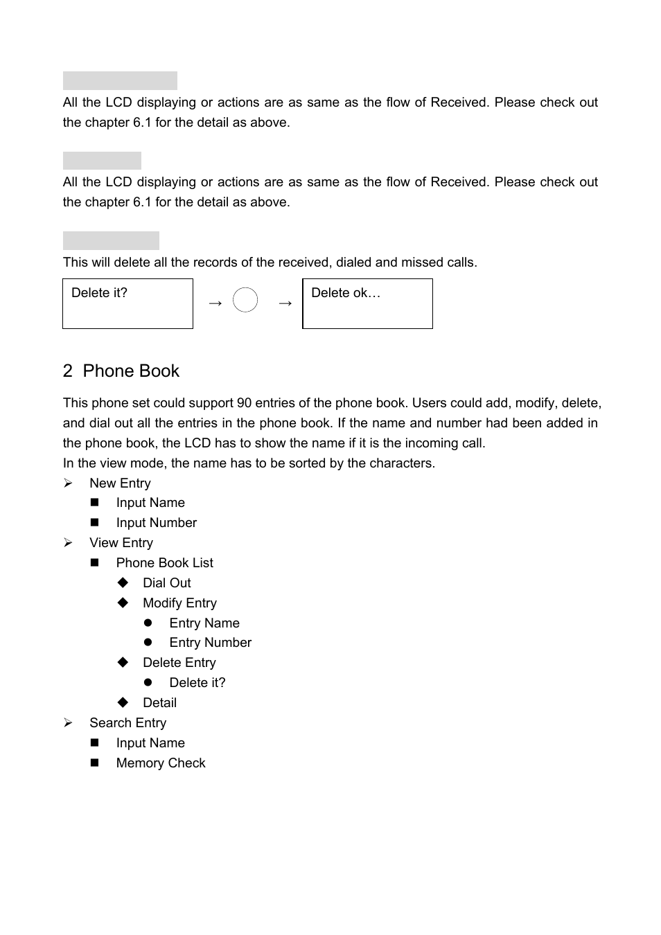 2 dialed calls, 3 missed, 4 delete all | 2 phone book, 2 dialed calls 1.3 missed 1.4 delete all, Phone book | Welltech LP-388 Oct-12-2007 User Manual | Page 32 / 100