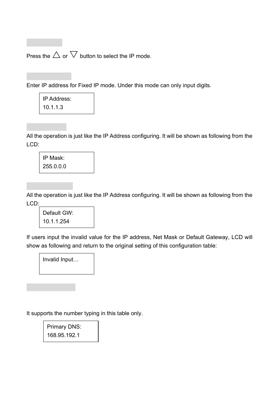 1 ip mode, 2 ip address, 3 net mask | 4 default gw, 5 dns setting, 1 primary dns | Welltech LP-388 Oct-12-2007 User Manual | Page 36 / 100