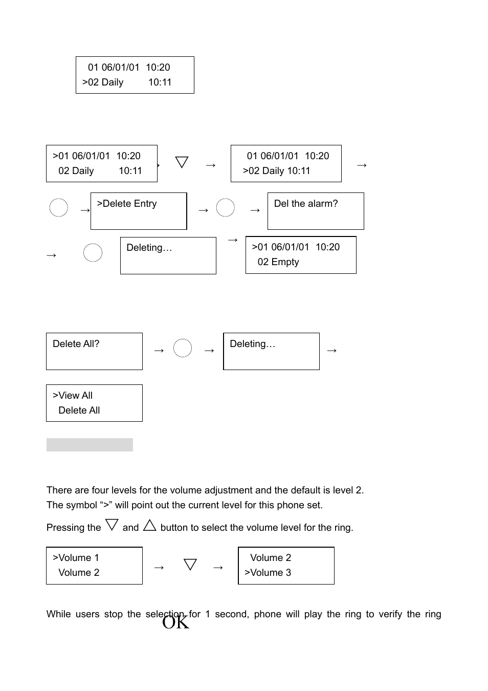 2 view all, 3 del all, 2 ring setting | 1 ringer volume | Welltech LP-388 Oct-12-2007 User Manual | Page 43 / 100