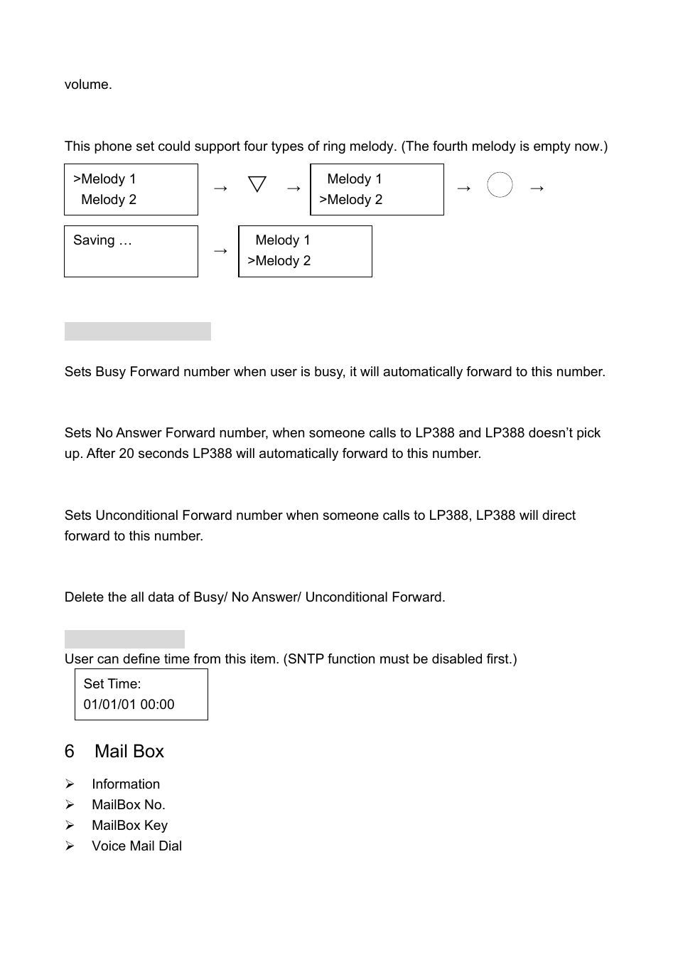 2 ringer melody, 3 forward setting, 1 busy | 2 no answer, 3 unconditional, 4 disable all, 4 time setting, 6 mail box, 3 forward setting 5.4 time setting, Mail box | Welltech LP-388 Oct-12-2007 User Manual | Page 44 / 100