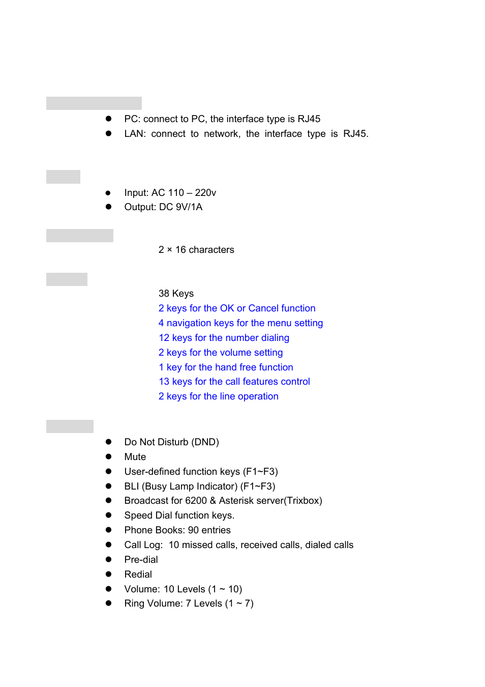 Chapter 1 specifications, Network interface, Power | Lcd display, Keypad, Features, Network interface power, 6 lcd display keypad features | Welltech LP-388 Oct-12-2007 User Manual | Page 7 / 100