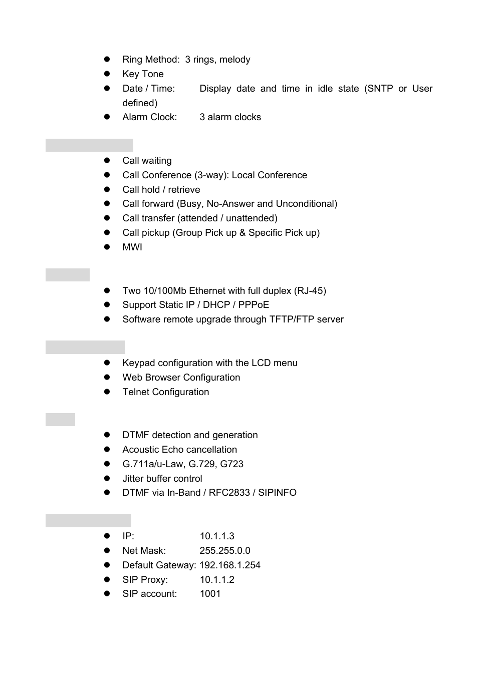 Calling features, Network, Configurations | Voice, Default settings, Calling features network configurations voice, 7 default settings | Welltech LP-388 Oct-12-2007 User Manual | Page 8 / 100