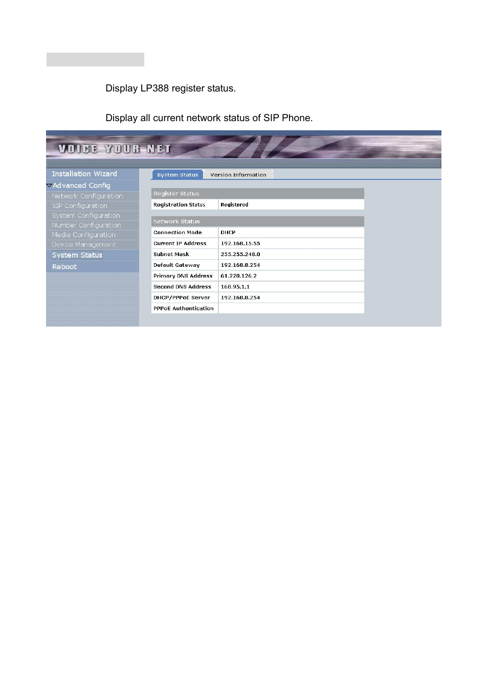3 system status, 1 registration status, 2 network status | Welltech LP-388 Oct-12-2007 User Manual | Page 80 / 100
